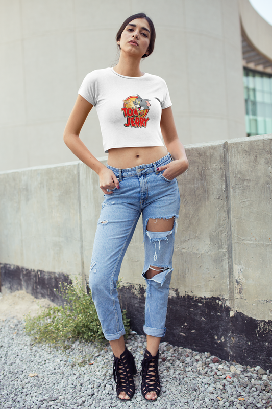 Women's Crop Top: The Cat & Mouse Chic - White