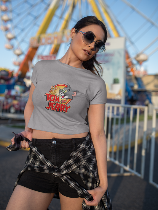 Women's Crop Top: The Cat & Mouse Chic – Grey Melange